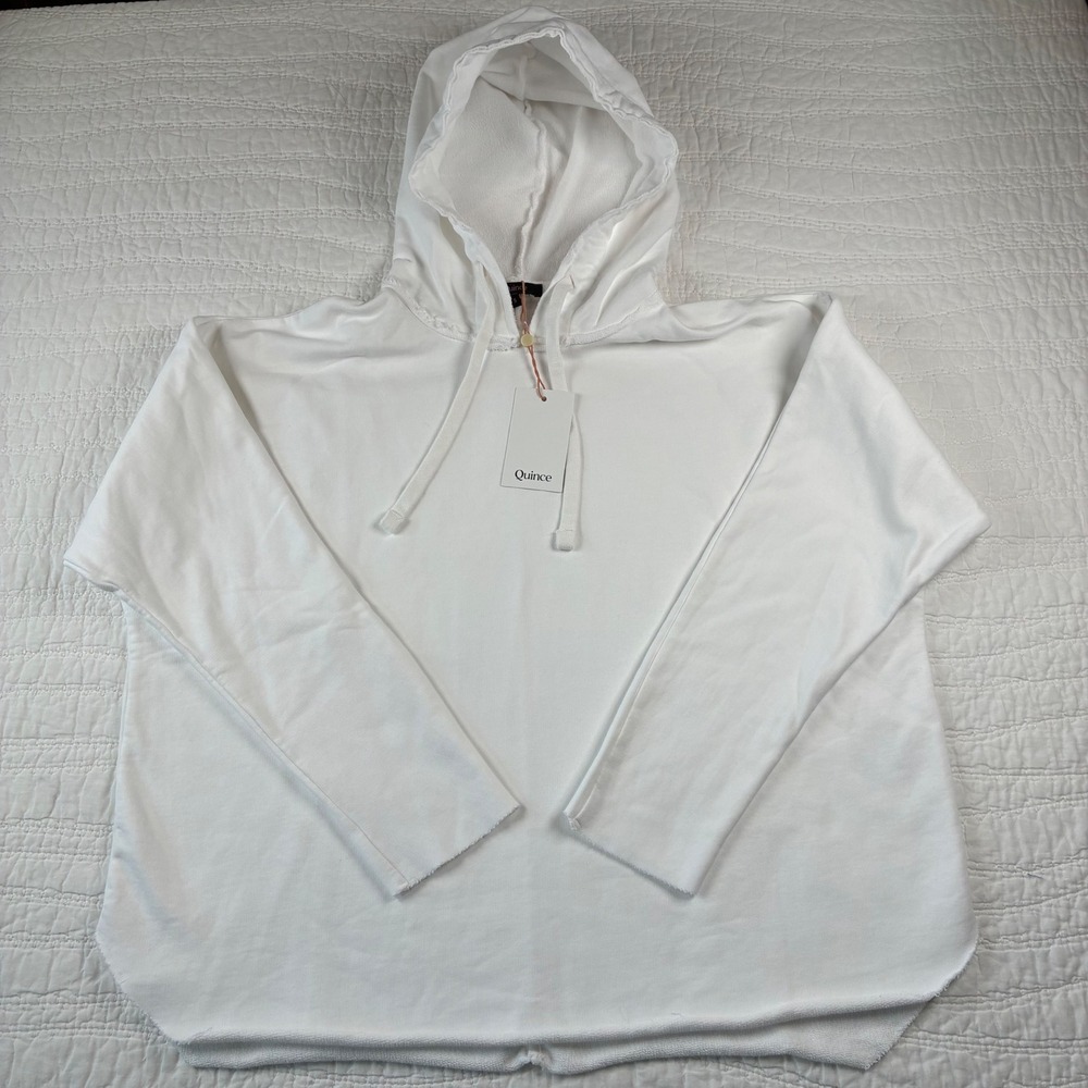 NEW Quince Organic Cotton French Terry Oversized Hoodie White S Raw Hem Relaxed